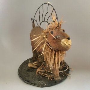 Vintage Folk Art Paper Mache Metal Lion King Sculpture Retro Studio Art As Is